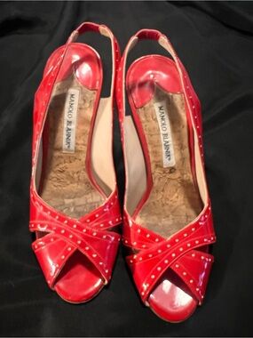 Manolo Blahnik Red Patent Leather Crisscross Slingback Heels with Stud Accents